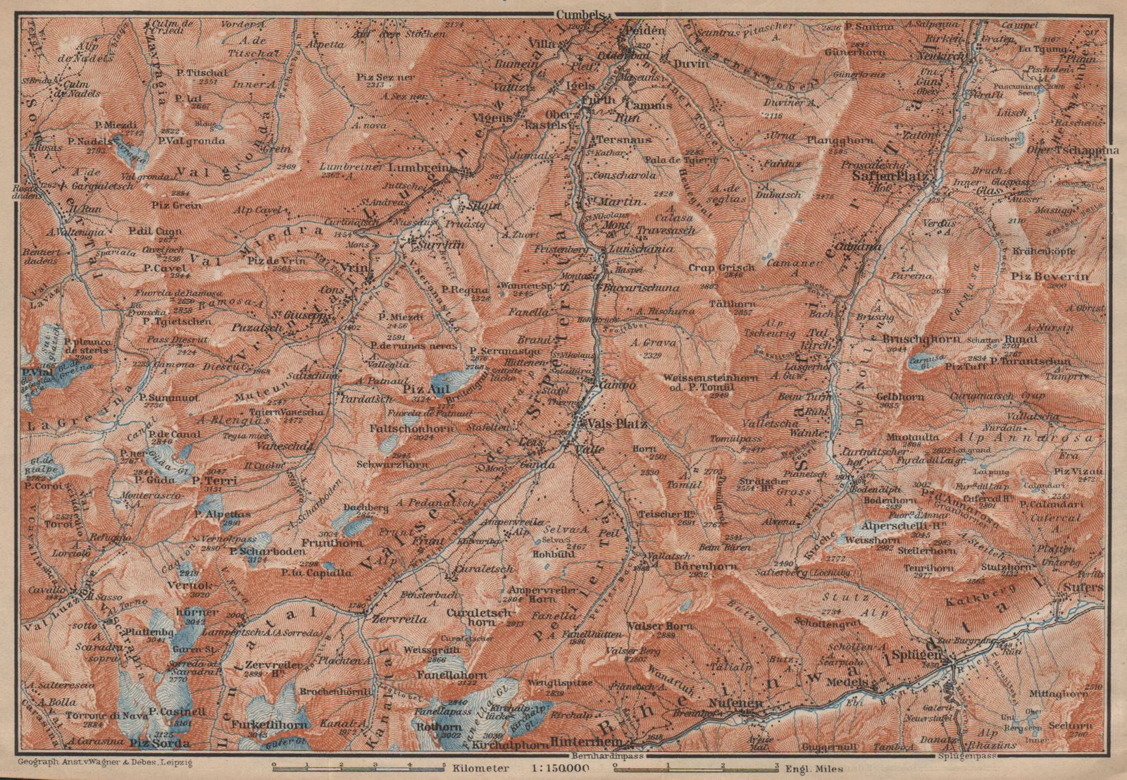 LUGNETZTAL SURSELVA. Valserrhein Furketlihorn Hinterrhein Splügen 1907 old map